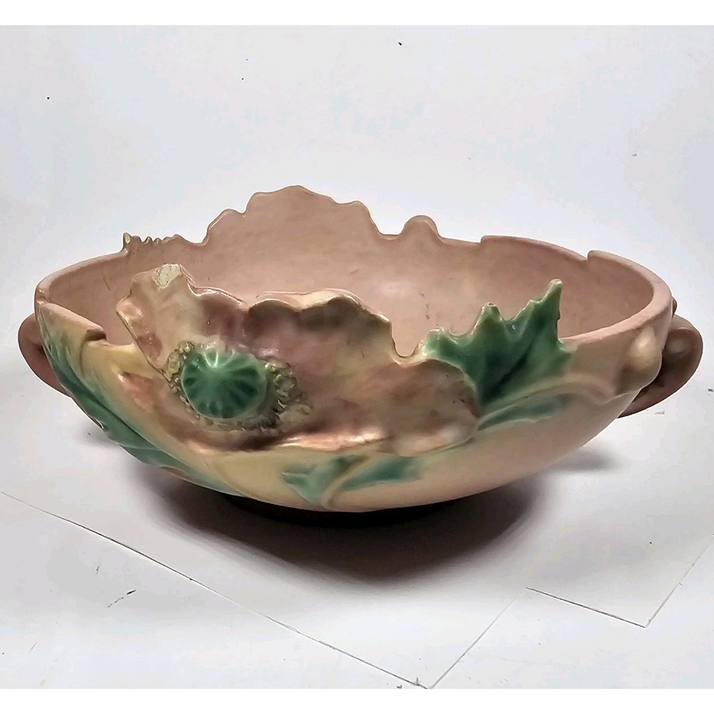 Roseville Art Pottery Pink Poppy Console Bowl‎ Handles